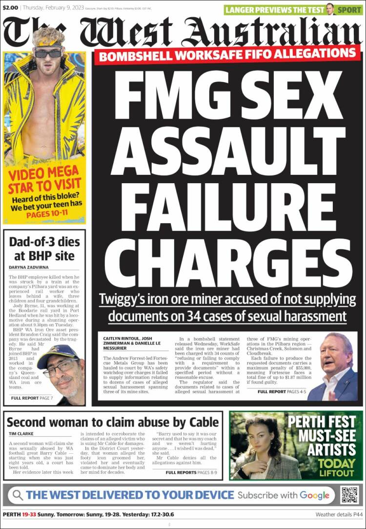 Portada de The West Australian (Australia)