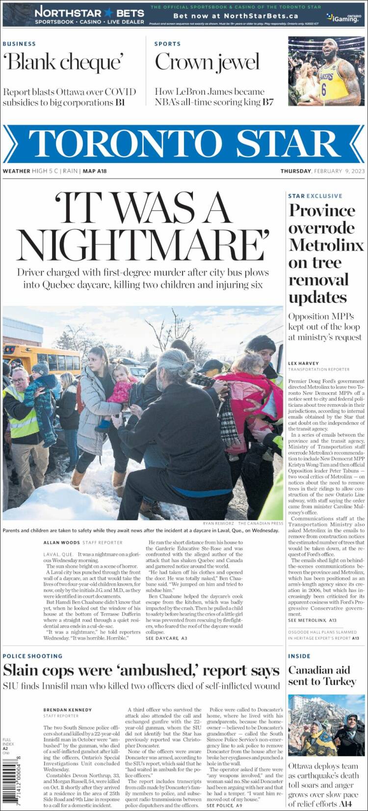 Portada de The Toronto Star (Canada)