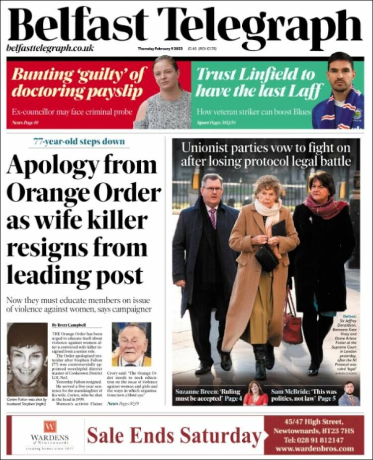 Portada de Belfast Telegraph (Royaume-Uni)