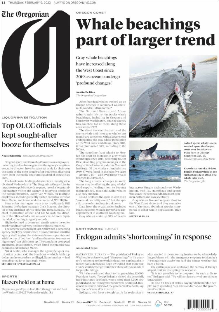 Portada de The Oregonian (USA)