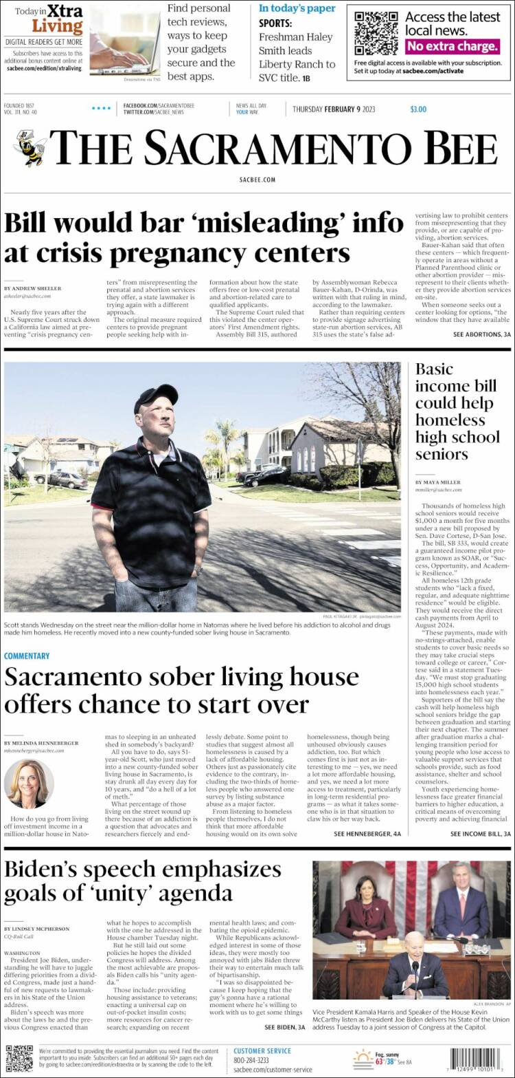 Portada de The Sacramento Bee (USA)