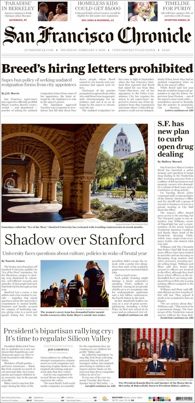 Portada de San Francisco Chronicle (USA)