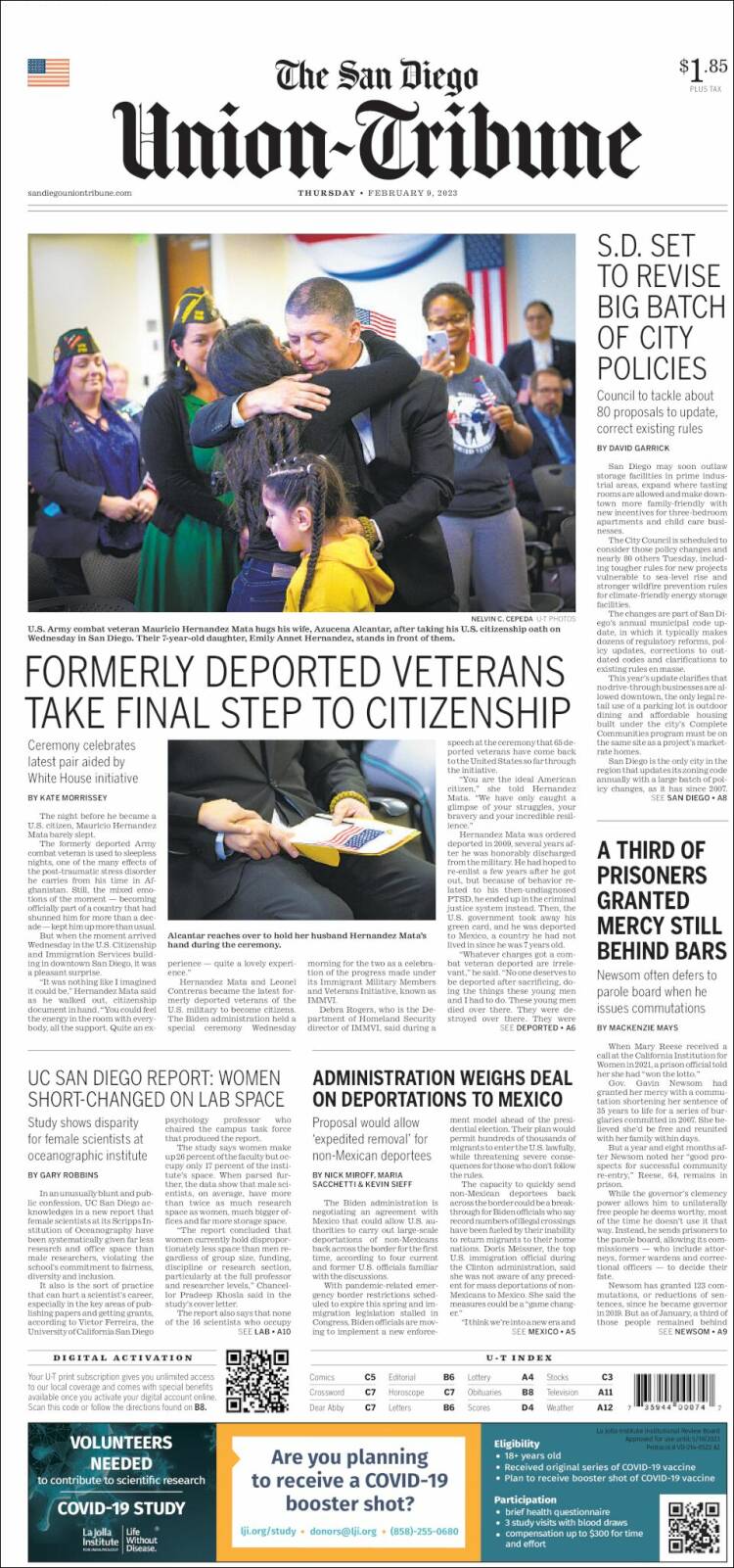 Portada de The San Diego Union-Tribune (États-Unis)