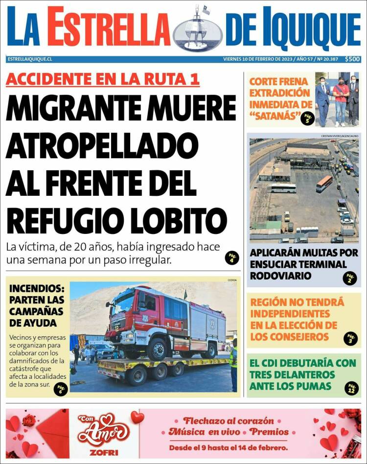 Portada de La Estrella de Iquique (Chile)