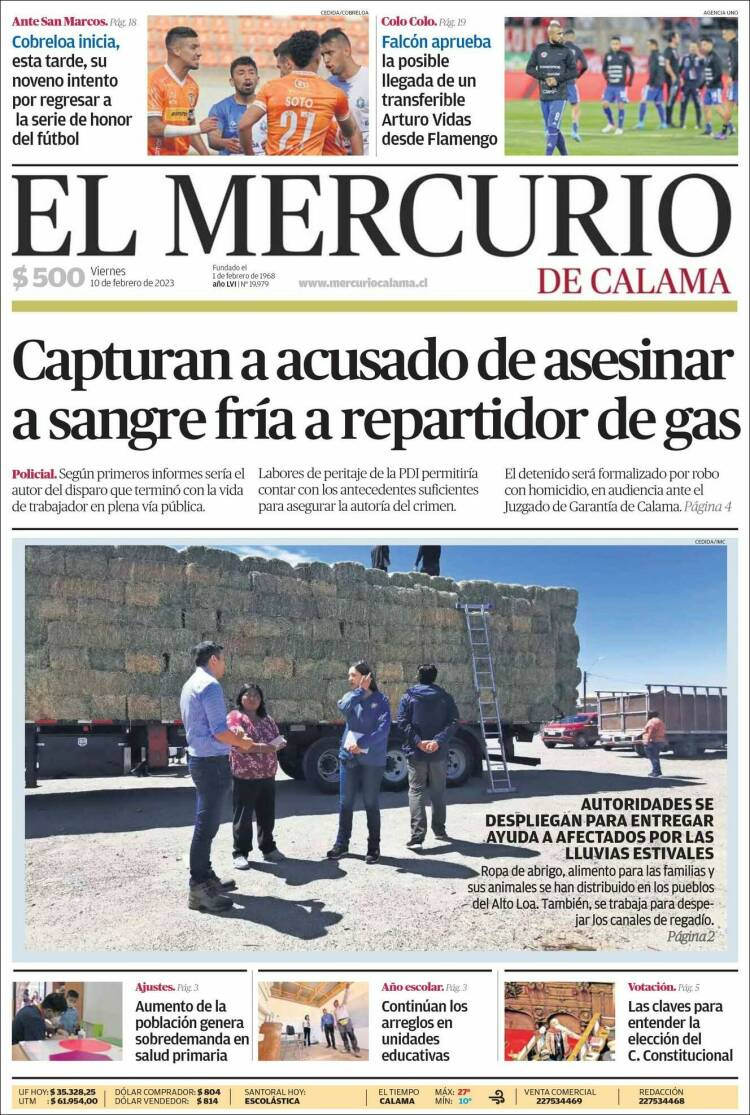Portada de El Mercurio - Calama (Chile)