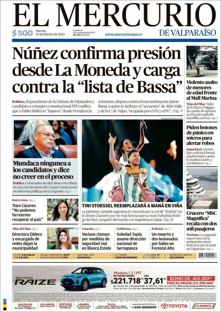 Portada de Mercurio de Valparaiso (Chile)