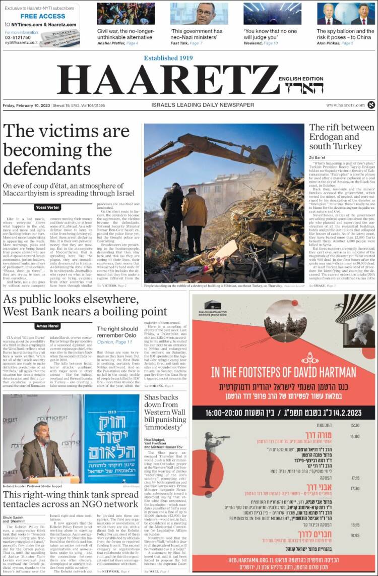 Periódico Haaretz (Israel). Periódicos de Israel. Edición de viernes ...