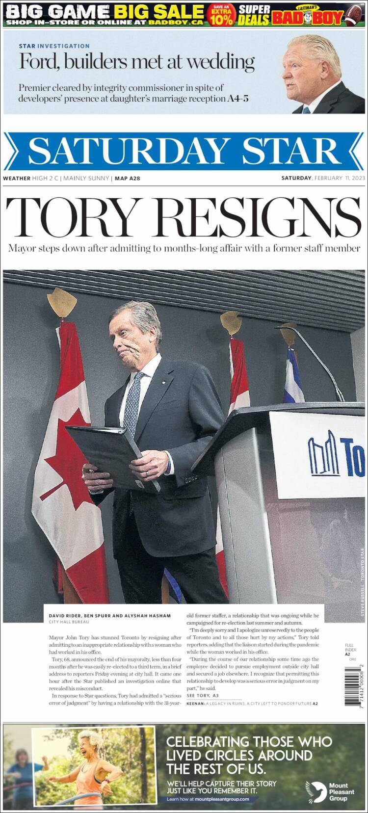 Portada de The Toronto Star (Canada)