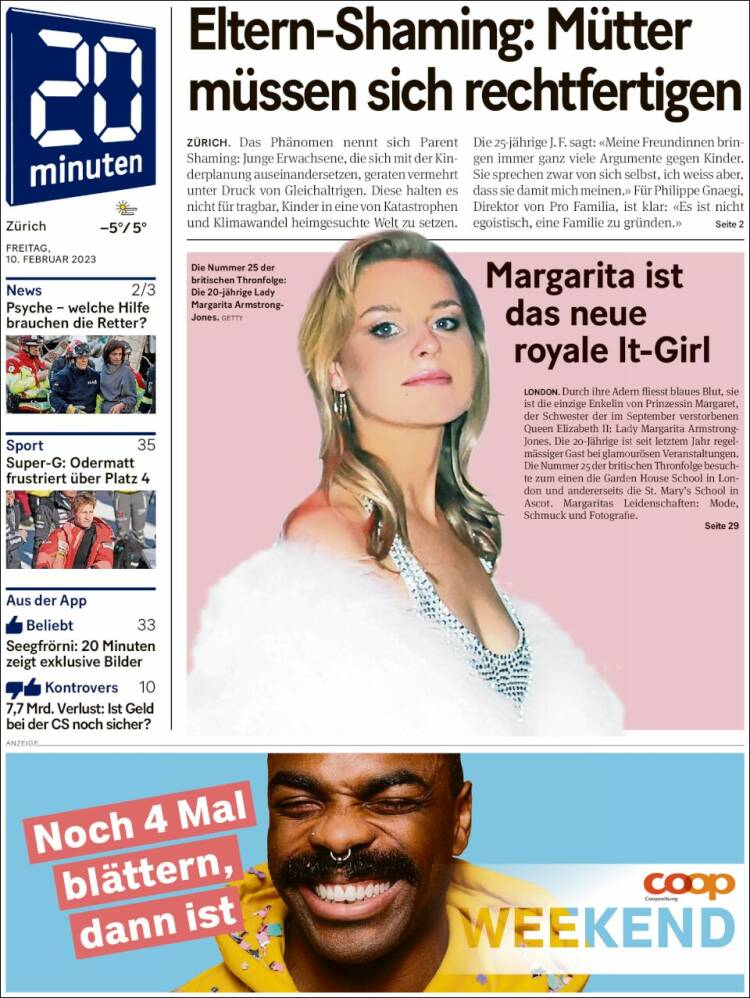 Portada de 20Minuten - Zürich (Suiza)