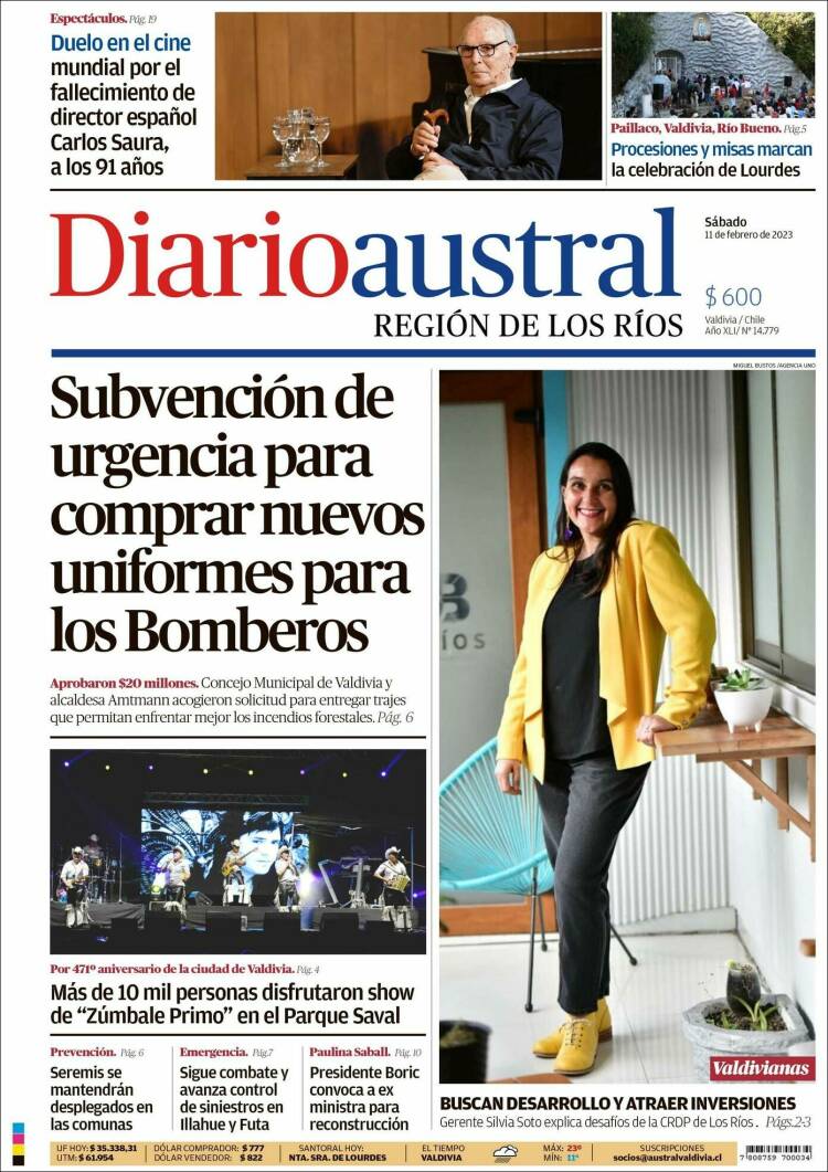 Portada de El Diario Austral de Valdivia (Chile)