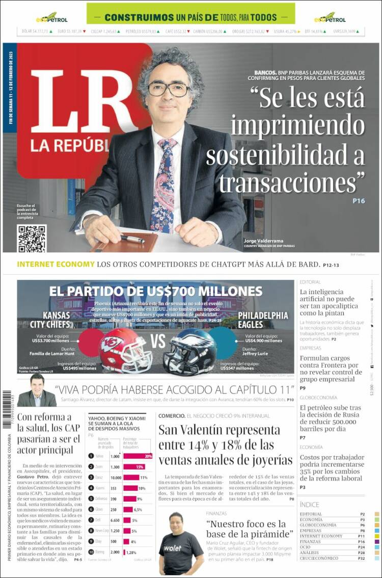 Portada de La Republica (Colombia)