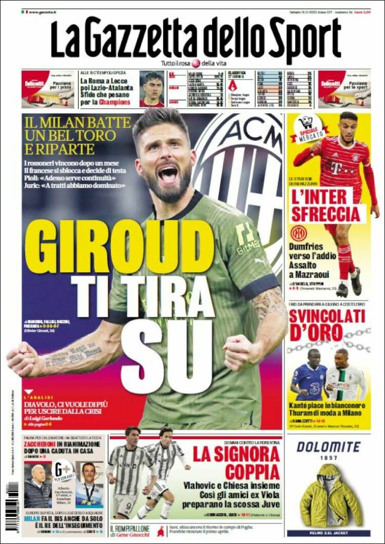 Portada de La Gazzetta dello Sport (Italie)