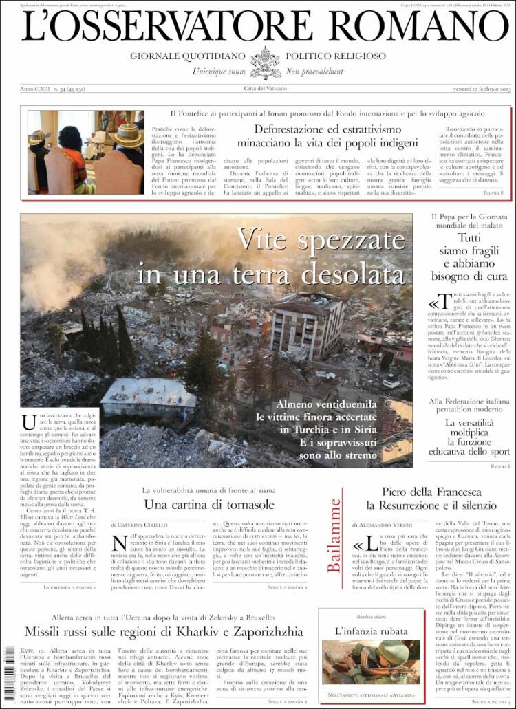 Portada de L'Osservatore Romano (Italie)