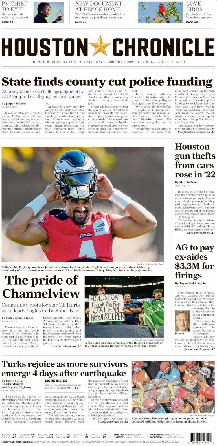 Portada de Houston Chronicle (USA)