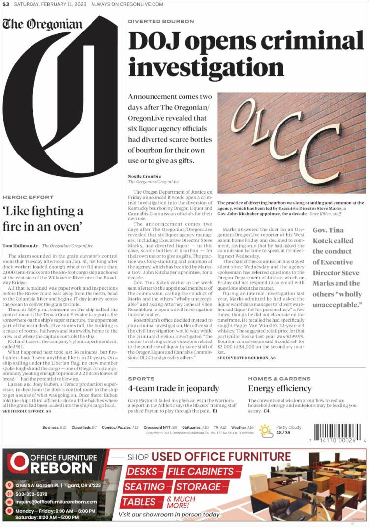 Portada de The Oregonian (USA)