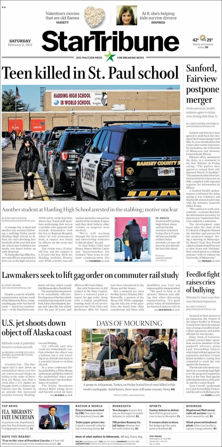 Portada de Star Tribune (États-Unis)