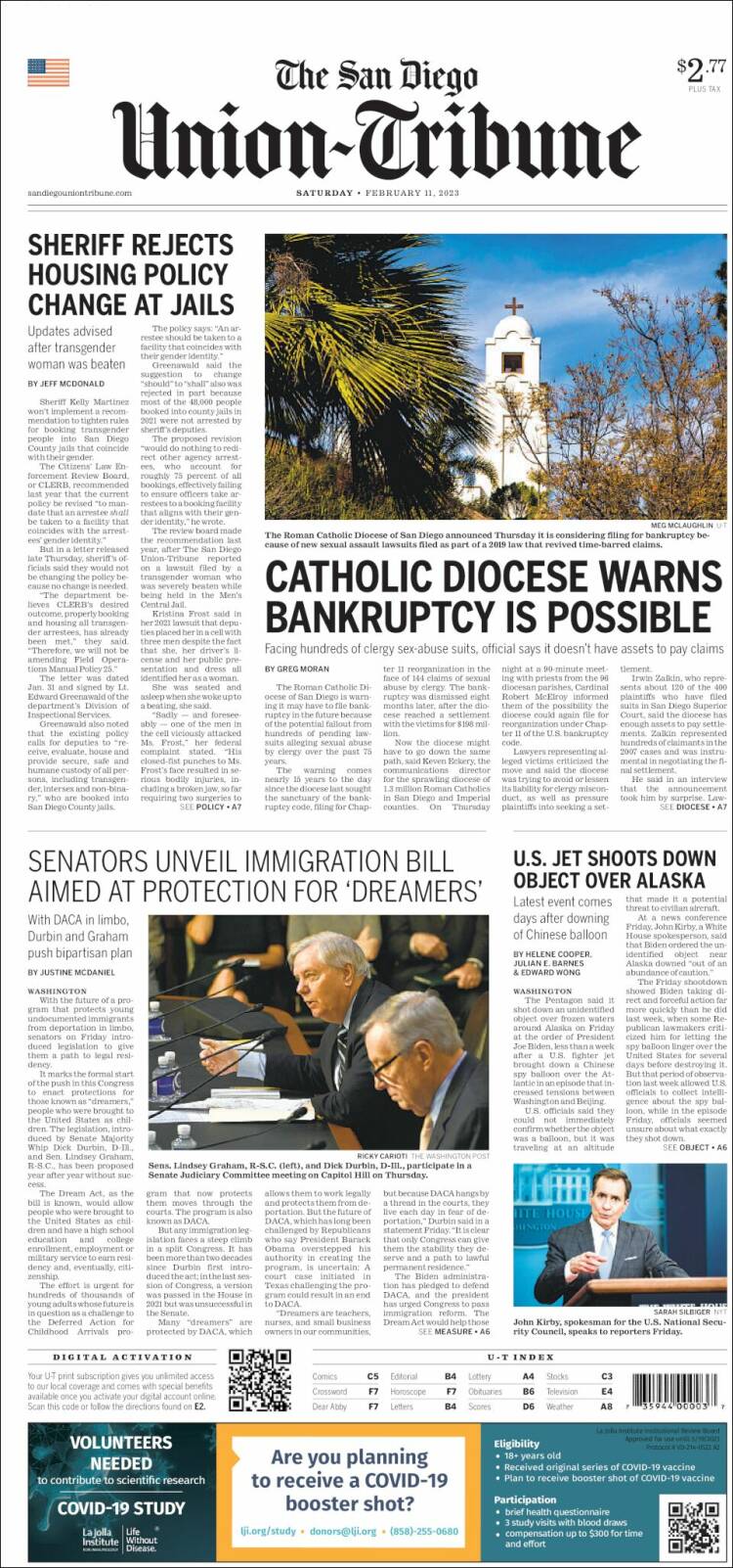 Portada de The San Diego Union-Tribune (USA)