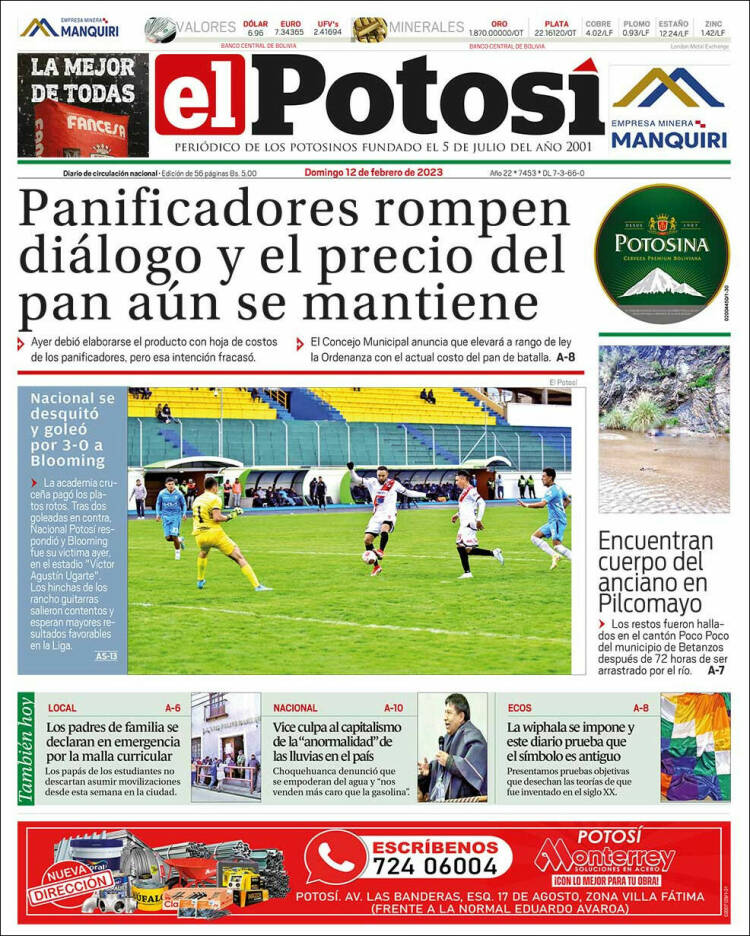 Portada de Diario de Potosí (Bolivia)