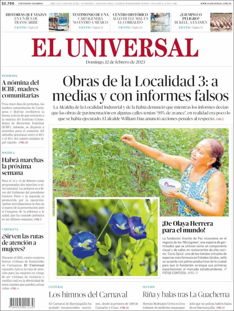 Portada de El Universal (Colombia)