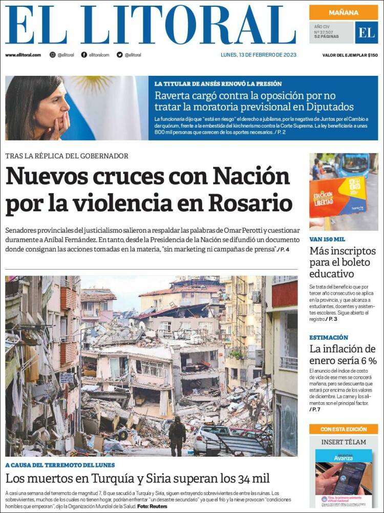 Portada de Diario El Litoral (Argentina)