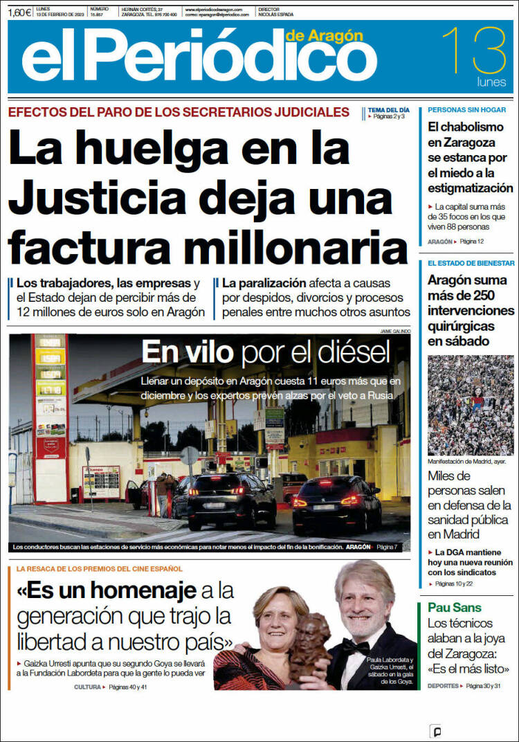 Portada de El Periódico de Aragón (Spain)