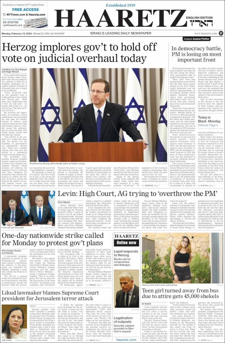 Portada de Haaretz (Israel)