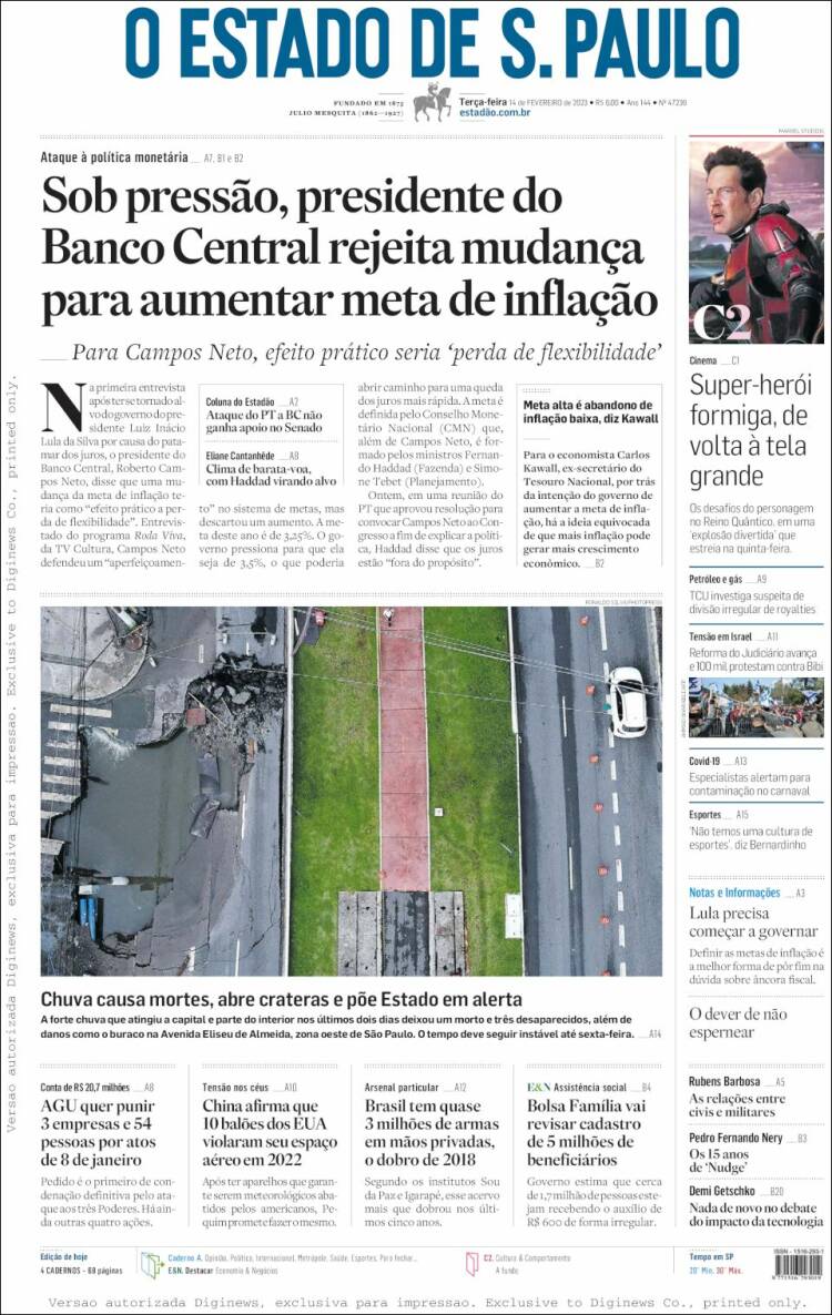 Portada de O Estado de São Paulo (Br&eacute;sil)