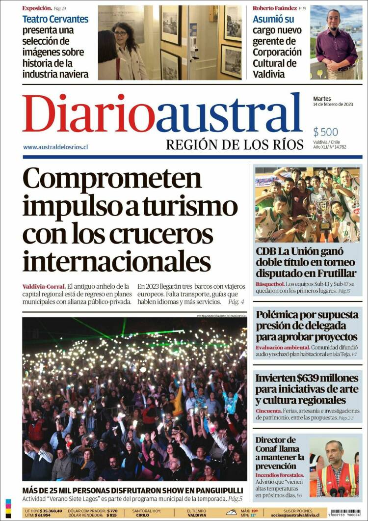 Portada de El Diario Austral de Valdivia (Chile)