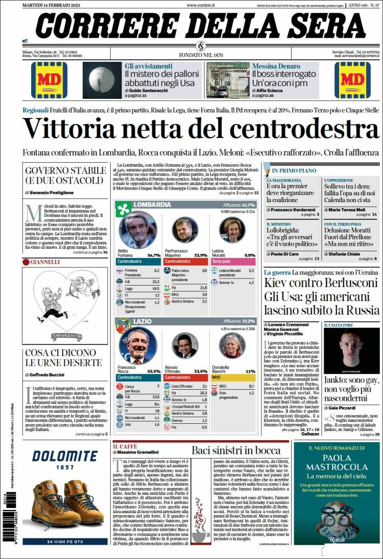 Portada de Corriere della Sera (Italie)