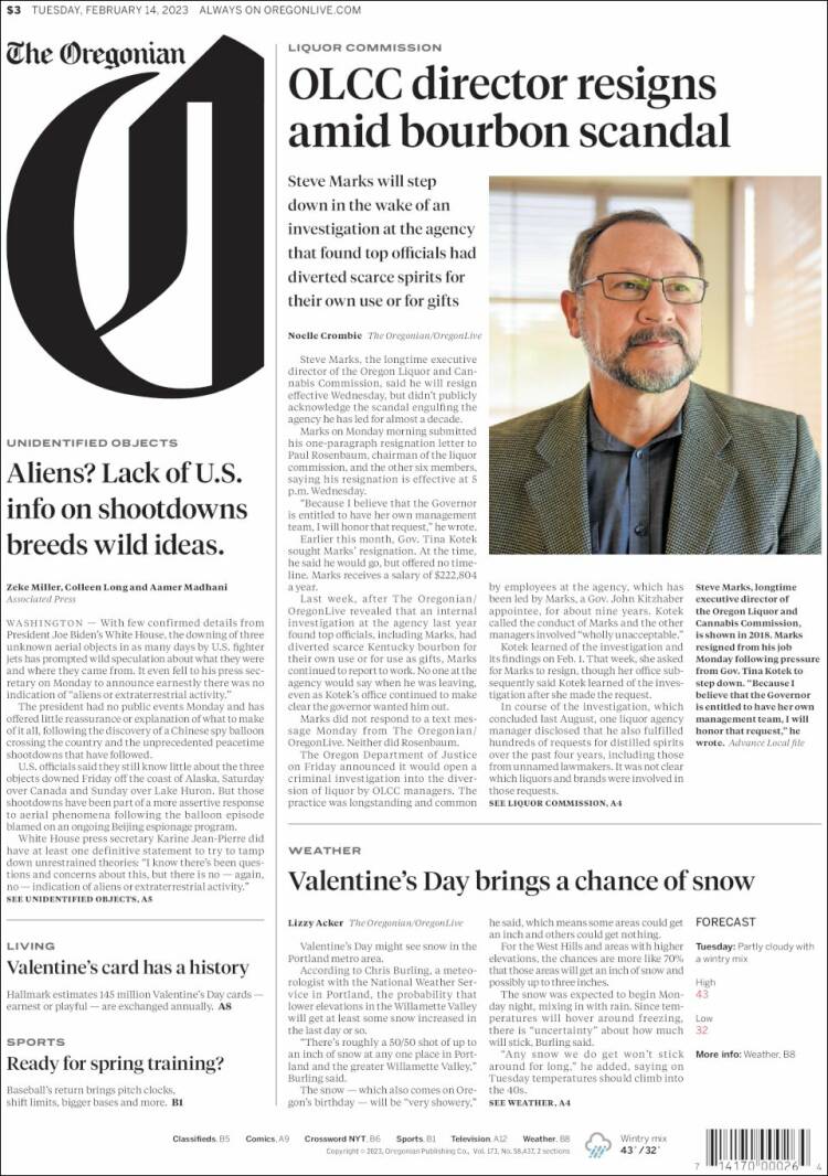 Portada de The Oregonian (États-Unis)