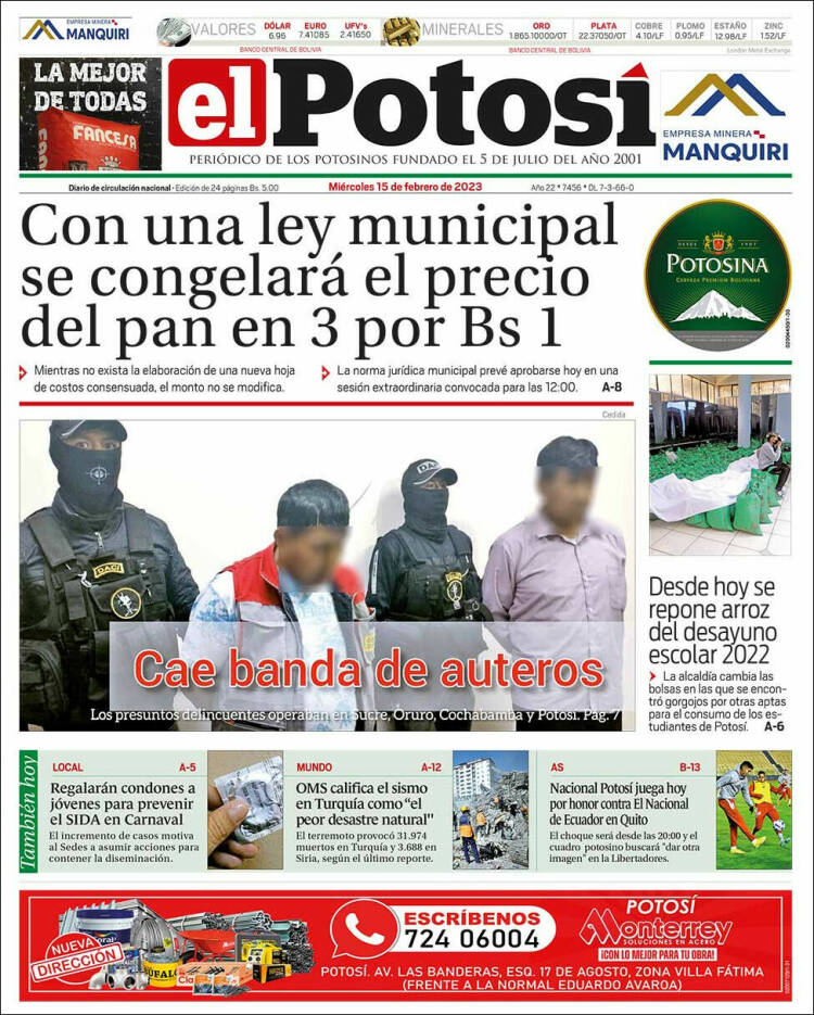 Portada de Diario de Potosí (Bolivia)