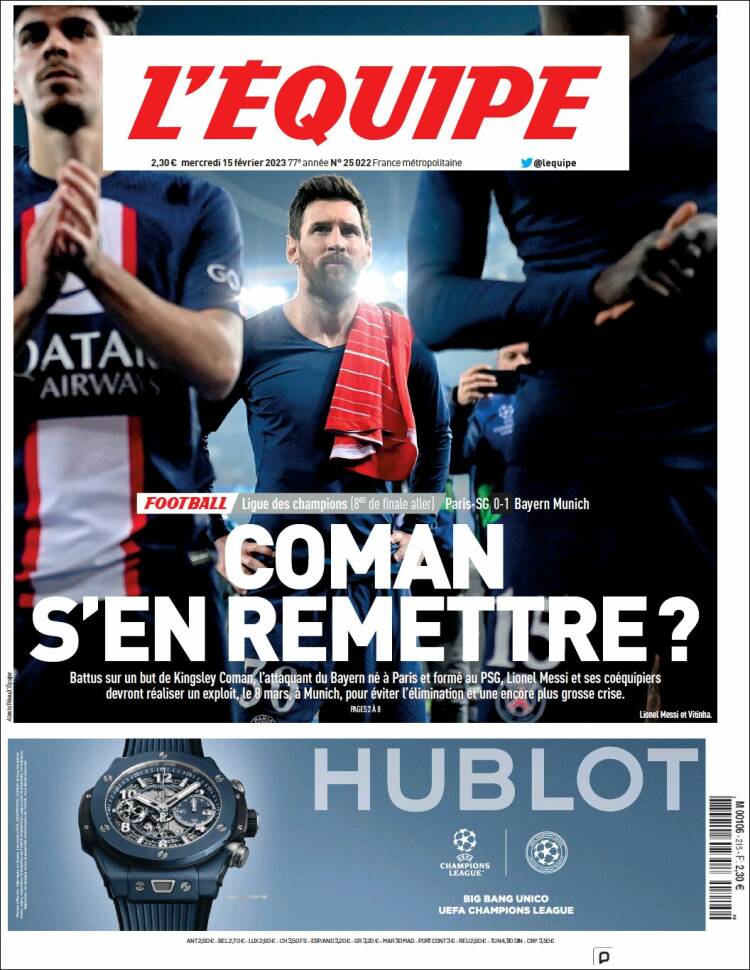 Portada de L'Equipe (Francia)