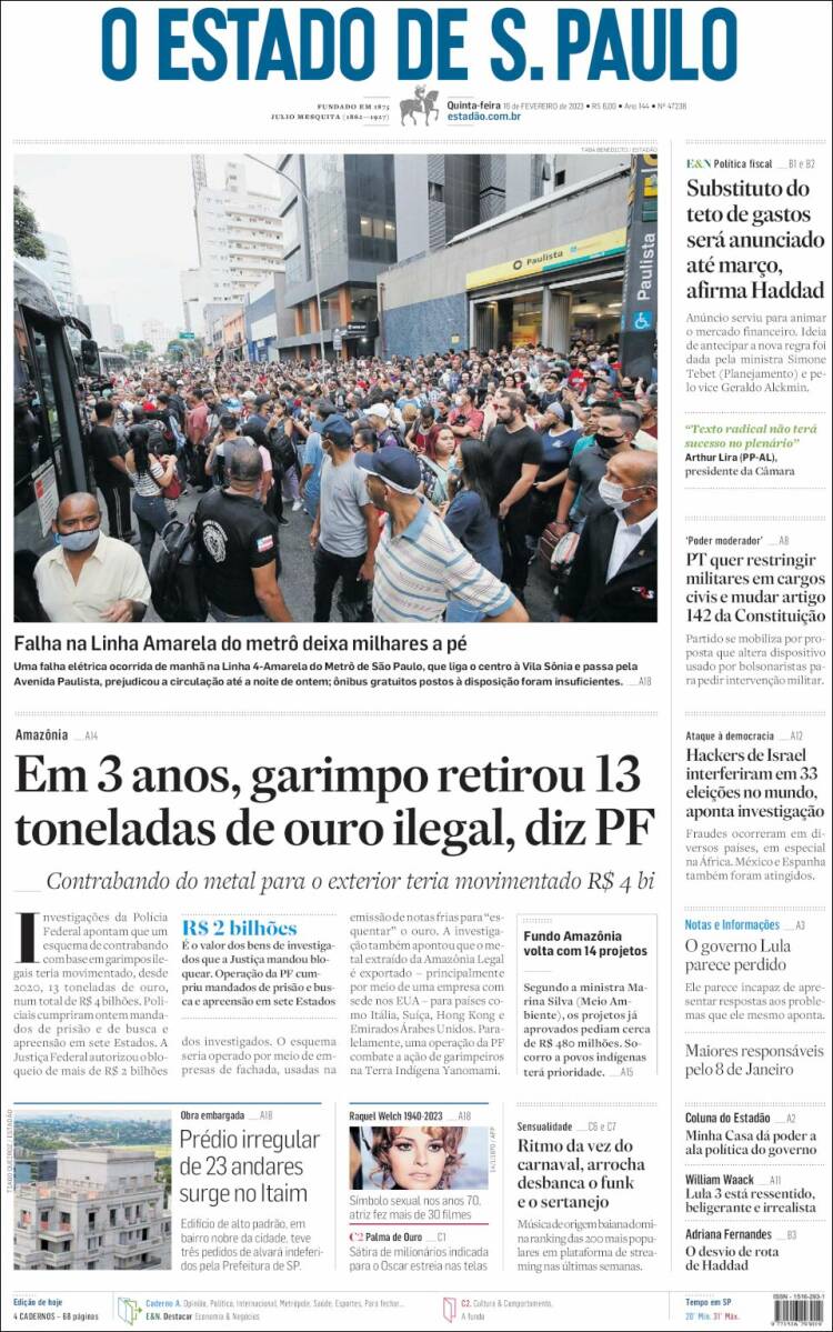 Portada de O Estado de São Paulo (Brasil)