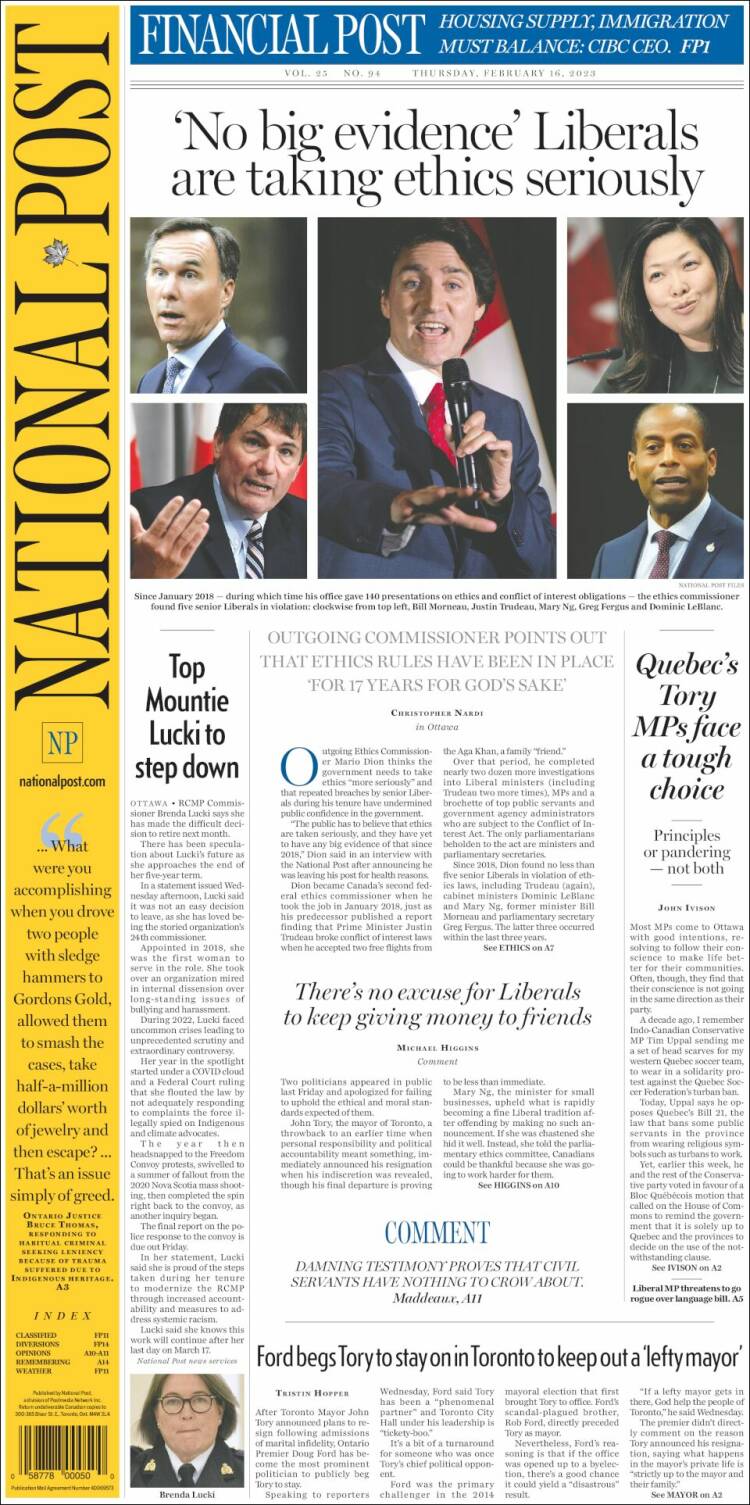 Portada de The National Post (Canada)