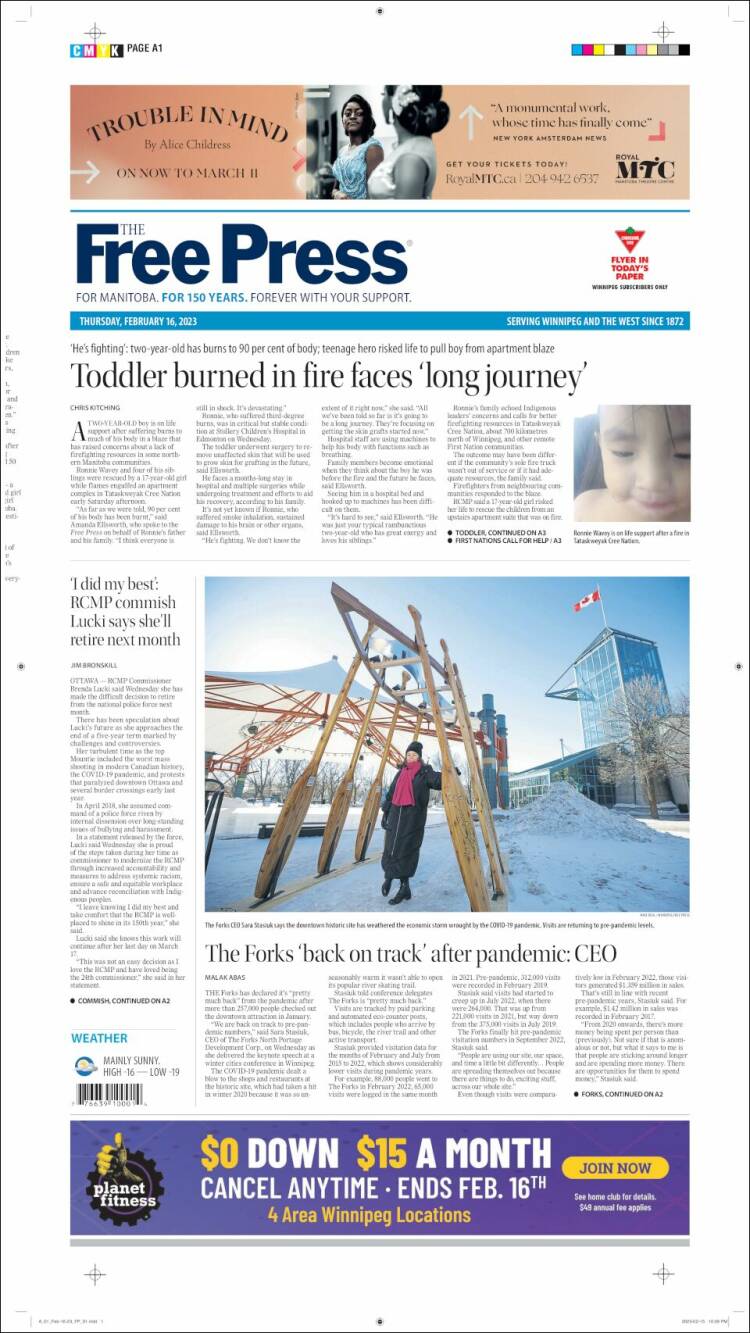 Portada de Winnipeg Free Press (Canada)