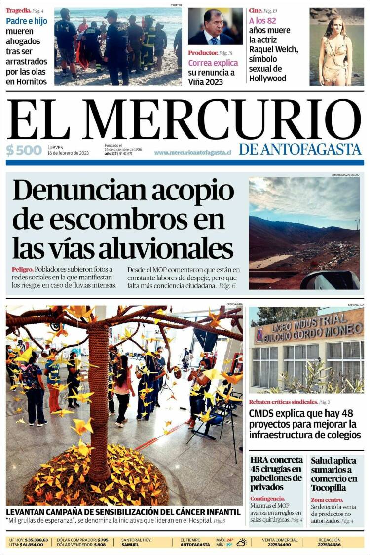 Portada de El Mercurio de Antofagasta (Chile)