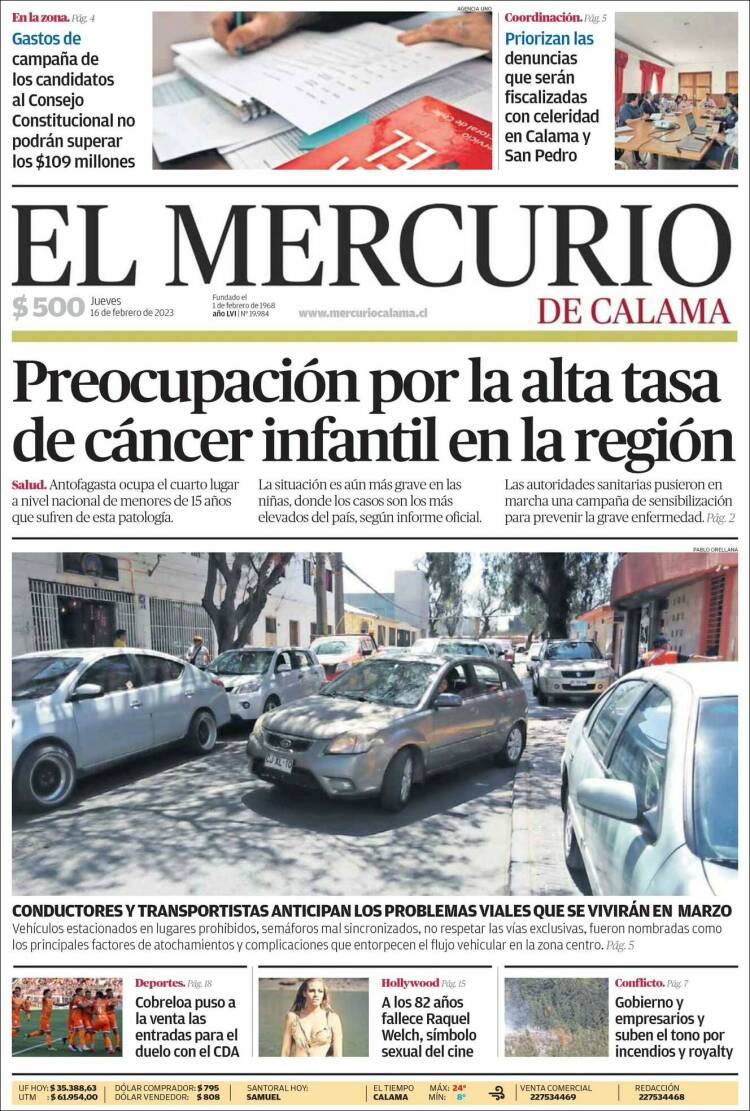 Portada de El Mercurio - Calama (Chile)