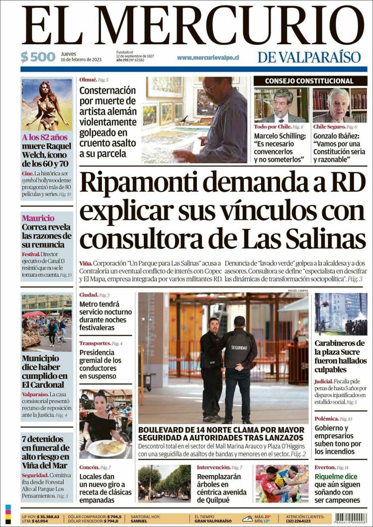 Portada de Mercurio de Valparaiso (Chile)