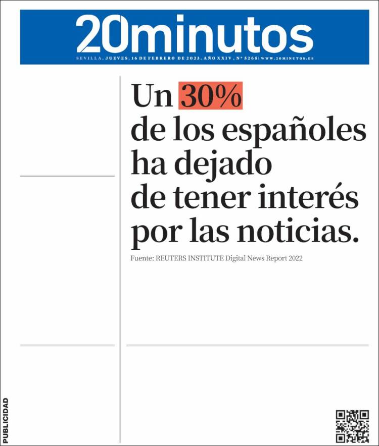 Portada de 20 Minutos - Sevilla (España)