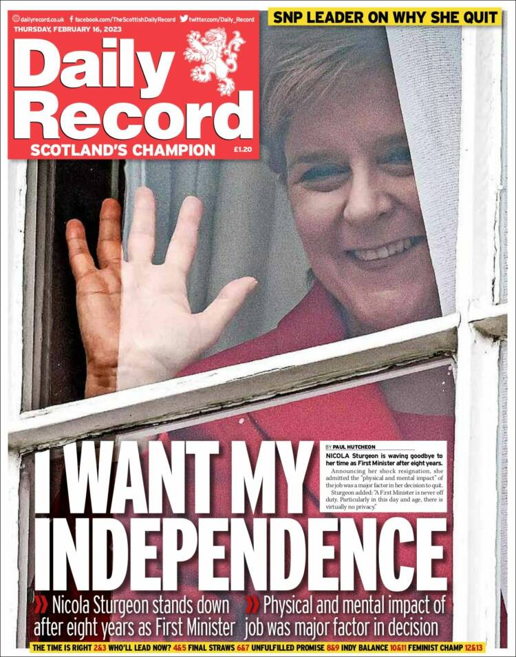 Portada de Daily Record (Reino Unido)