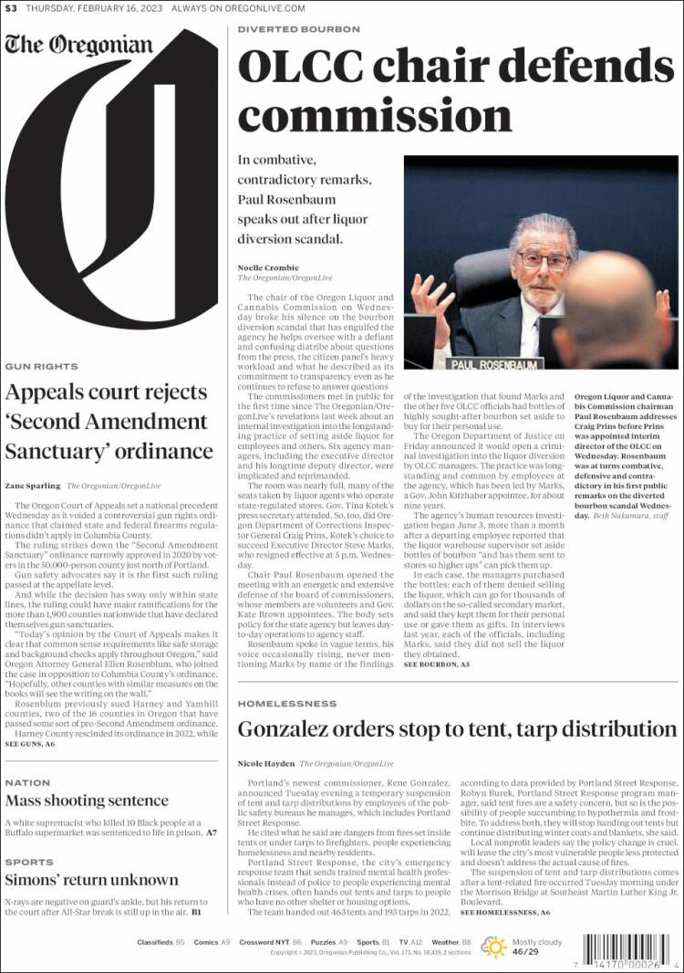 Portada de The Oregonian (USA)