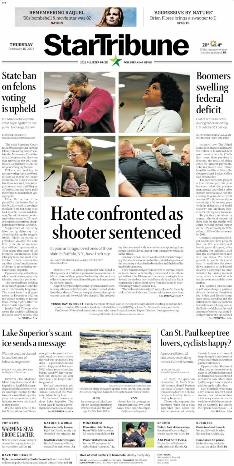 Portada de Star Tribune (USA)