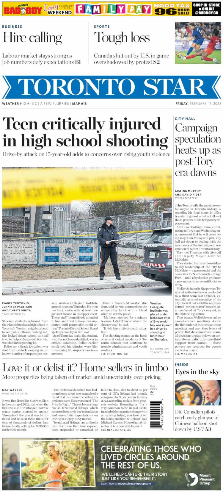 Portada de The Toronto Star (Canada)