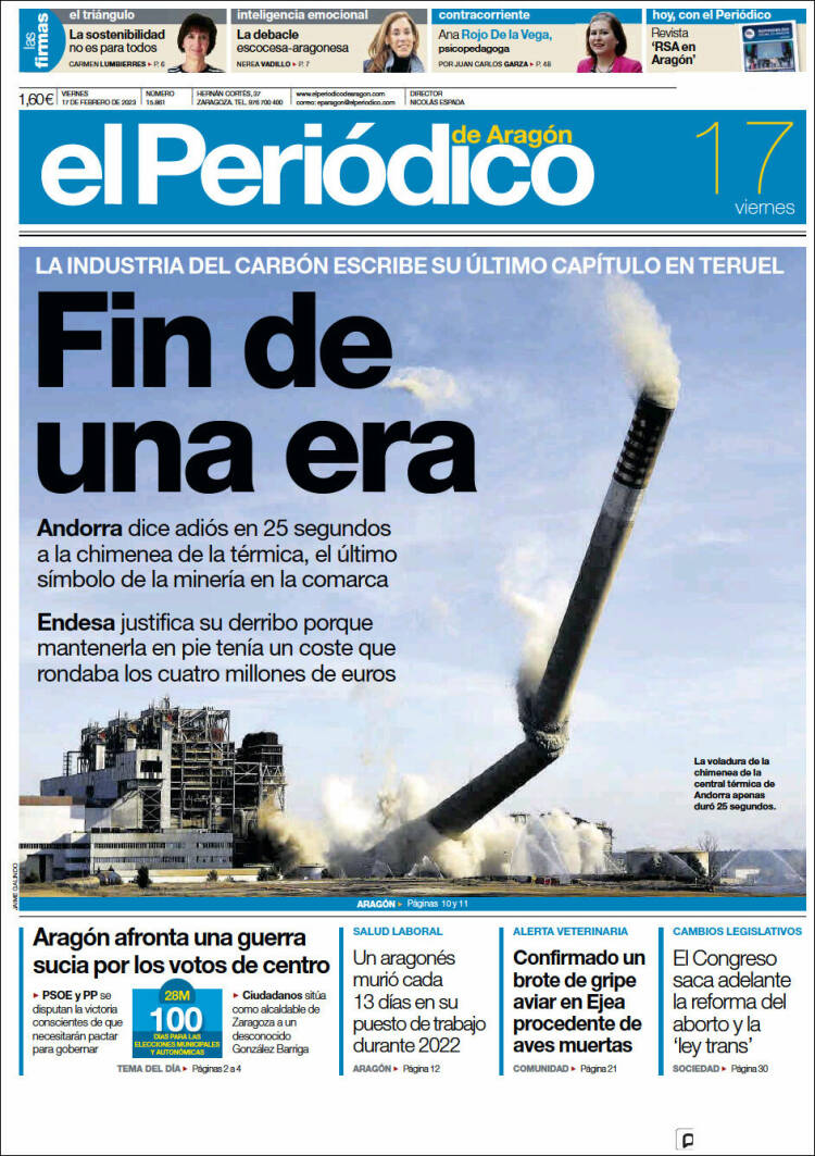 Portada de El Periódico de Aragón (España)