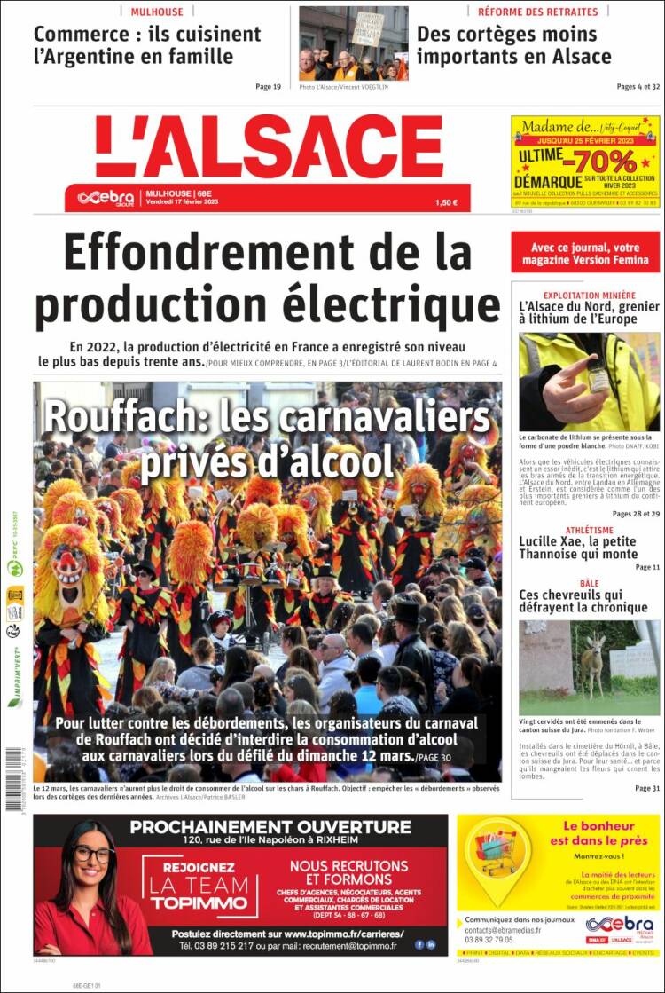 Portada de Journal L'Alsace (Francia)