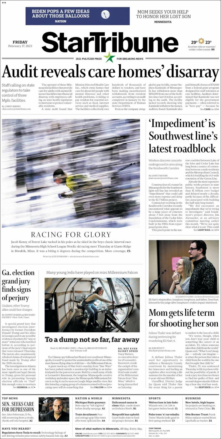 Portada de Star Tribune (USA)