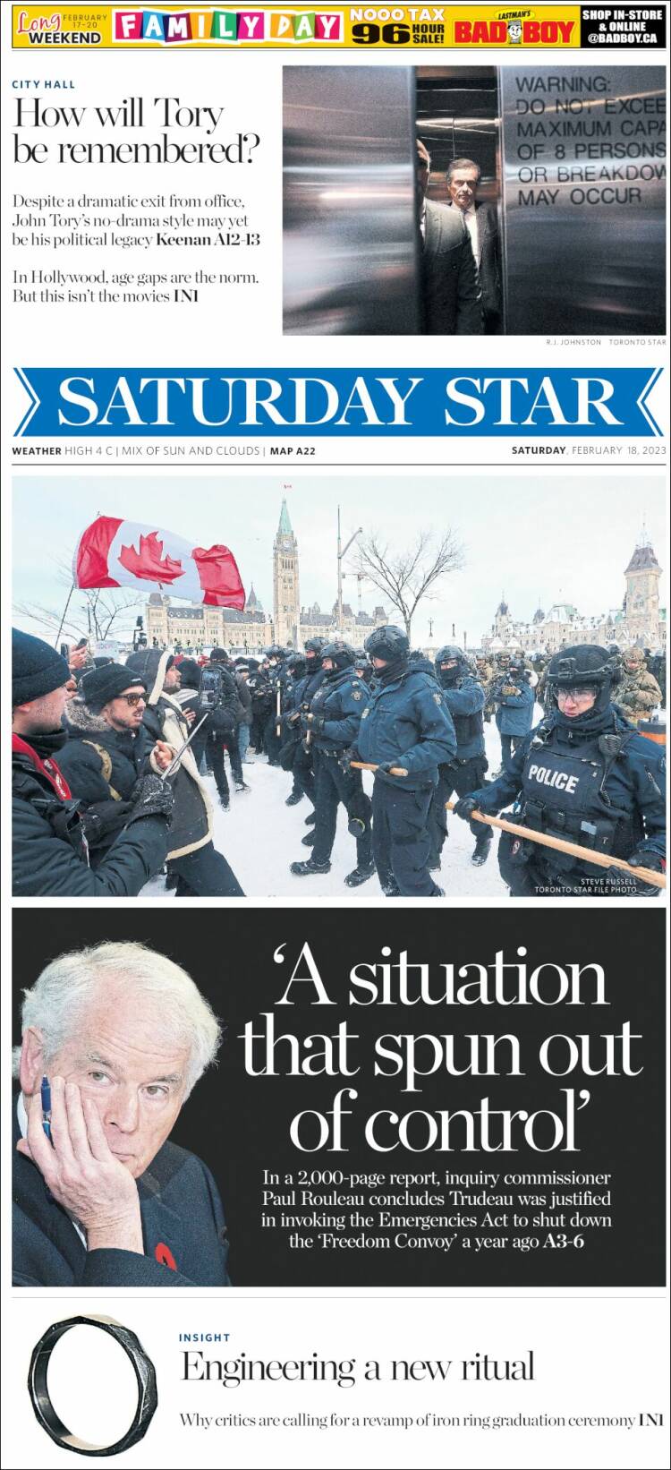 Portada de The Toronto Star (Canada)