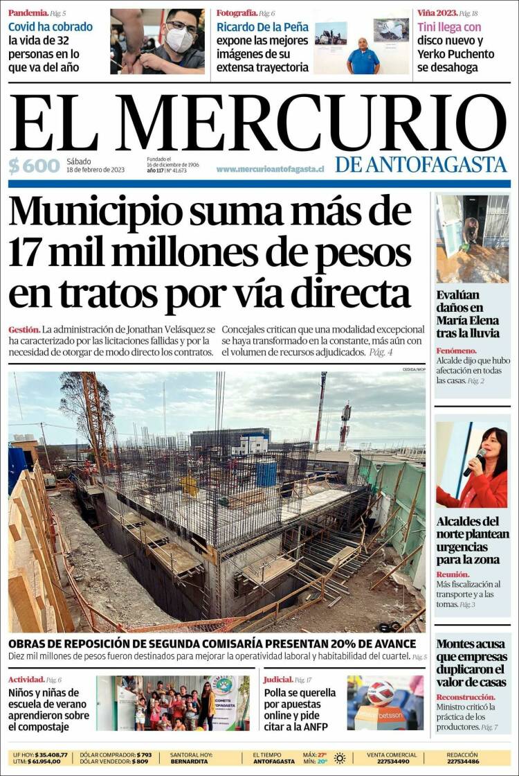 Portada de El Mercurio de Antofagasta (Chile)