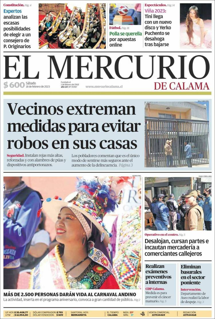 Portada de El Mercurio - Calama (Chile)