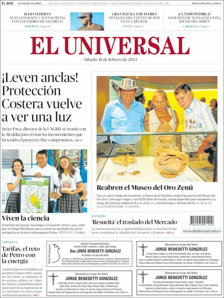Portada de El Universal (Colombia)
